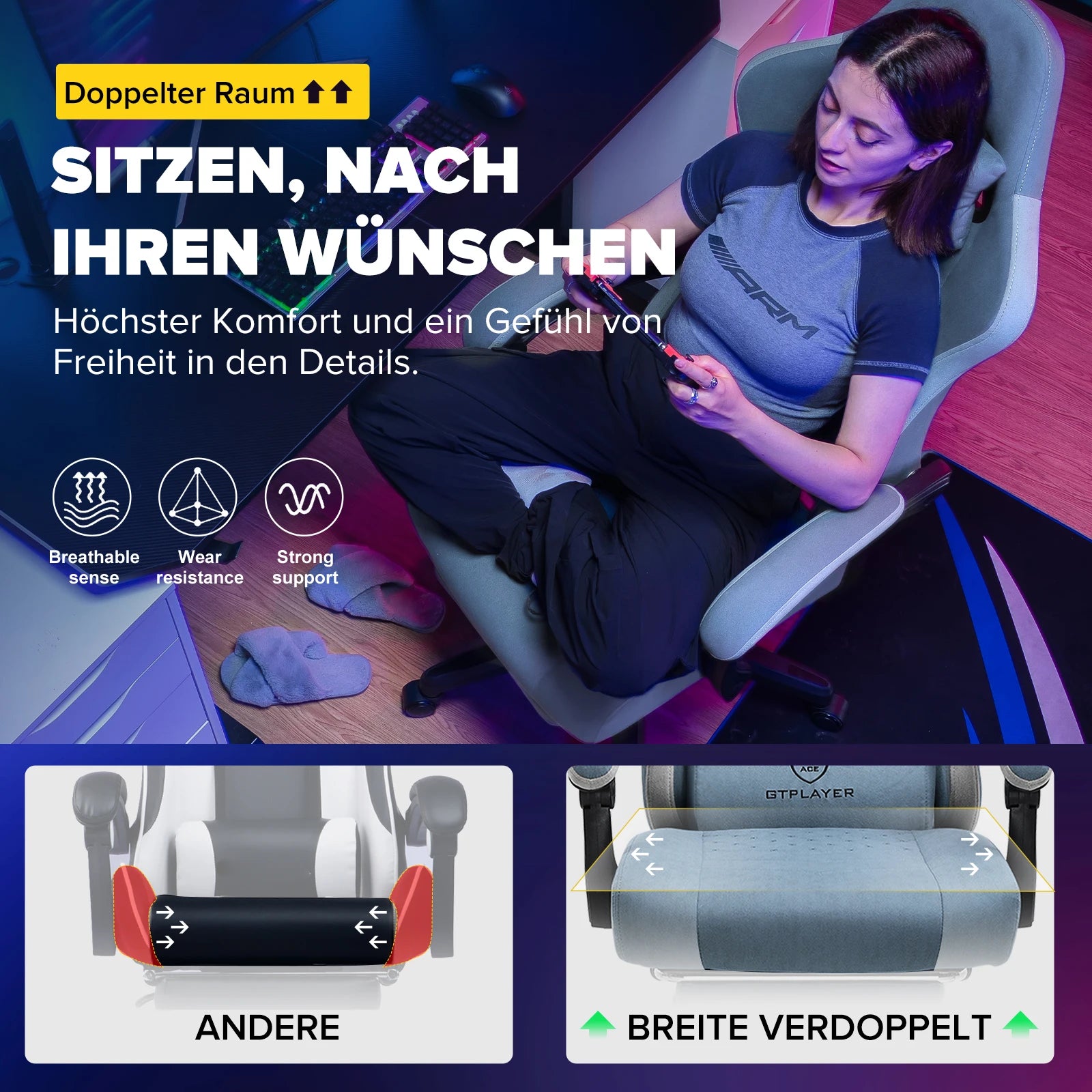 GTPLAYER Sedia Gaming Ergonomica con Poggiapiedi, Poltrona Gamer in Tessuto con Braccioli Collegati e Cuscino a Molla