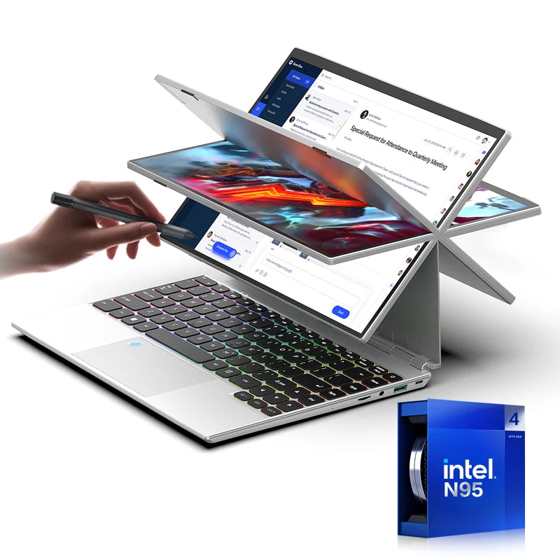 4-in-1 Touch Screen Laptop 14-inch 360-Degree Foldable Windows 11 Pro Intel N95 Quad-Core 1.7GHz 16GB RAM 2TB SSD IPS Panel Home