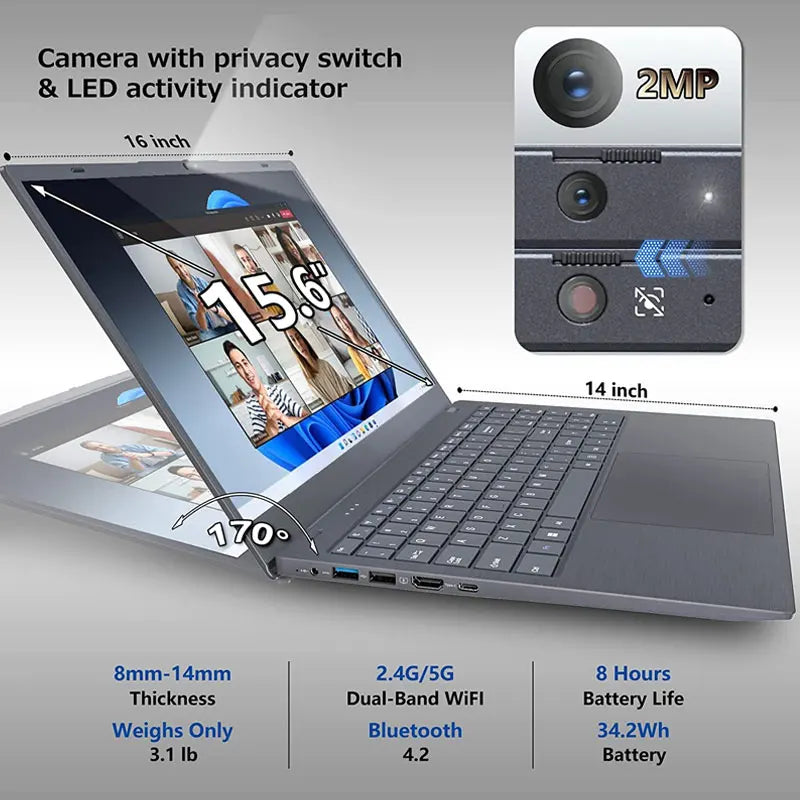 New 15.6" FHD Intel Core I3-5005U 16GB RAM 512GB SSD Windows 11 Pro Gaming Laptop for Business & Students with English Keyboard