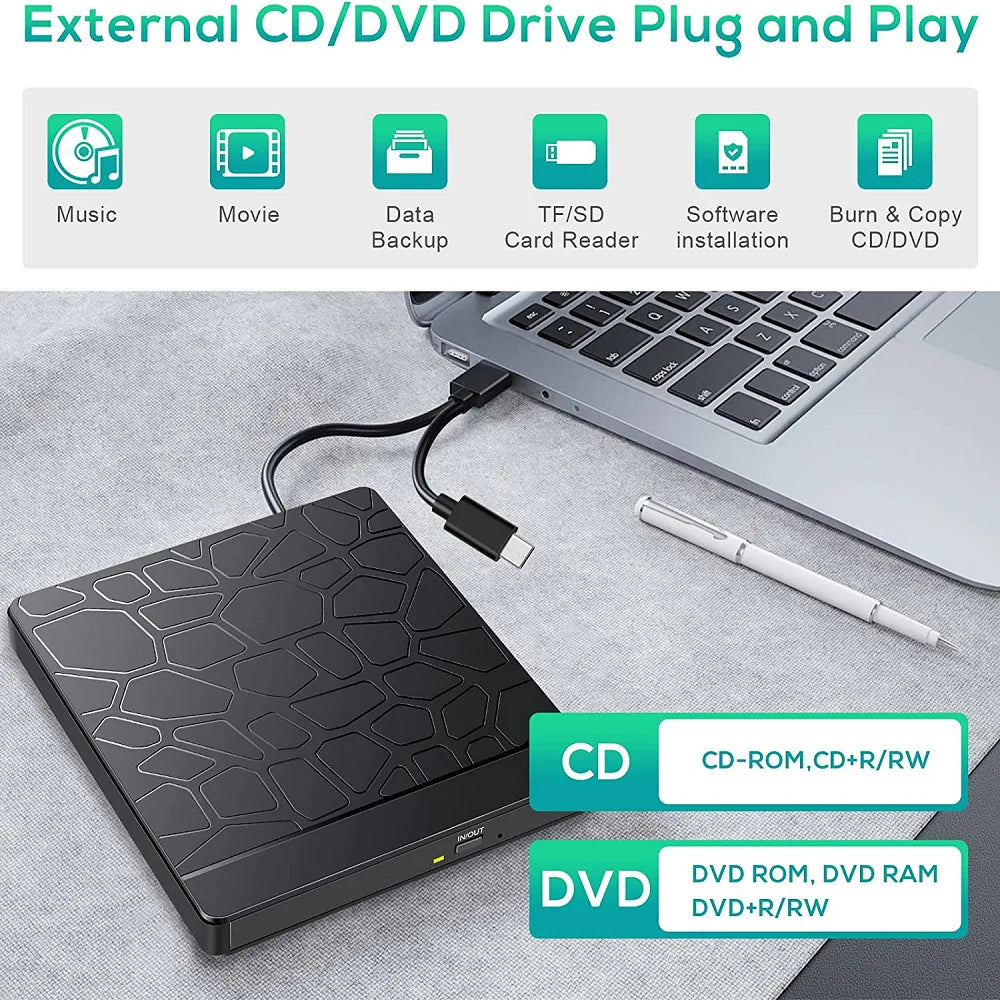 Unità ottica esterna per computer 2 in 1 HUB multifunzione Registratore DVD Masterizzatore CD-R Doppio disco USB Lettore di schede Micro SD TF