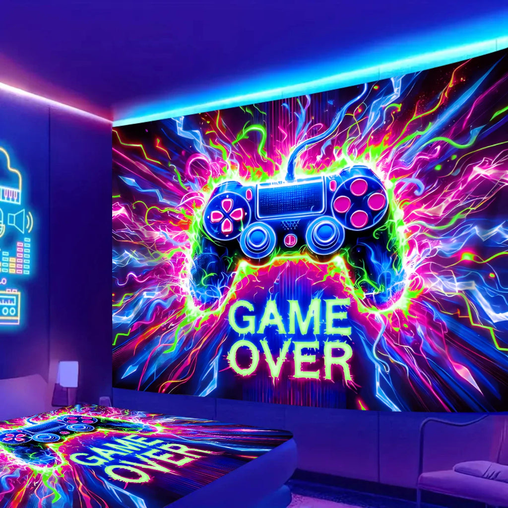 VIKAMA Gaming Neon Tapestry Maniglia Dazzle Gaming Camera da letto Sala giochi Decorazione Gioco Parete di sfondo dal vivo