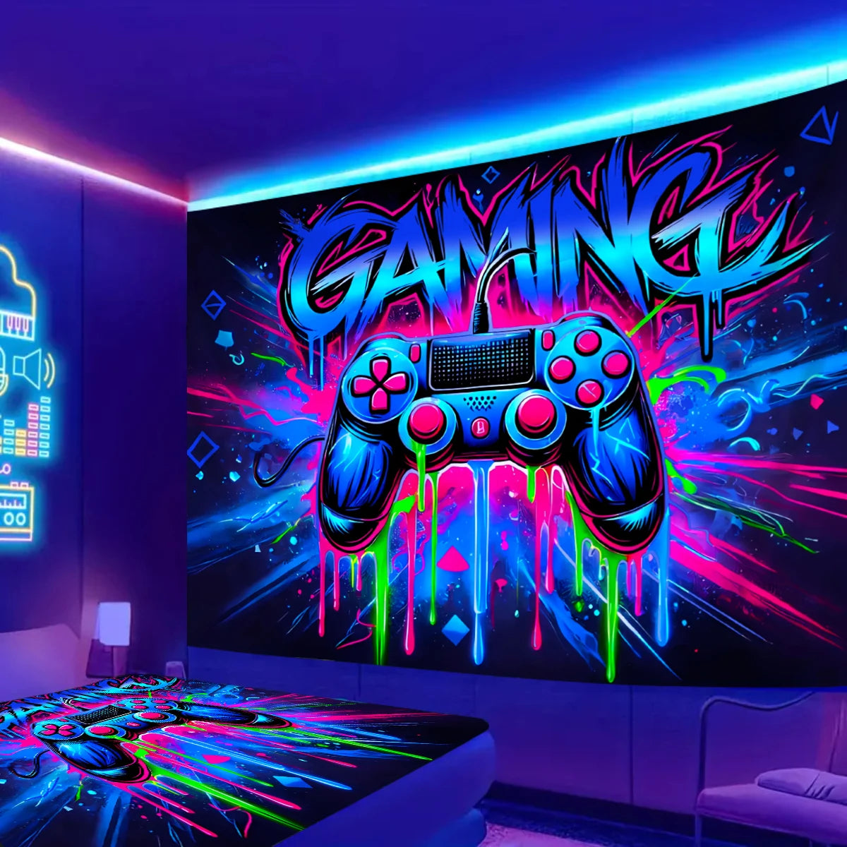 VIKAMA Gaming Neon Tapestry Maniglia Dazzle Gaming Camera da letto Sala giochi Decorazione Gioco Parete di sfondo dal vivo
