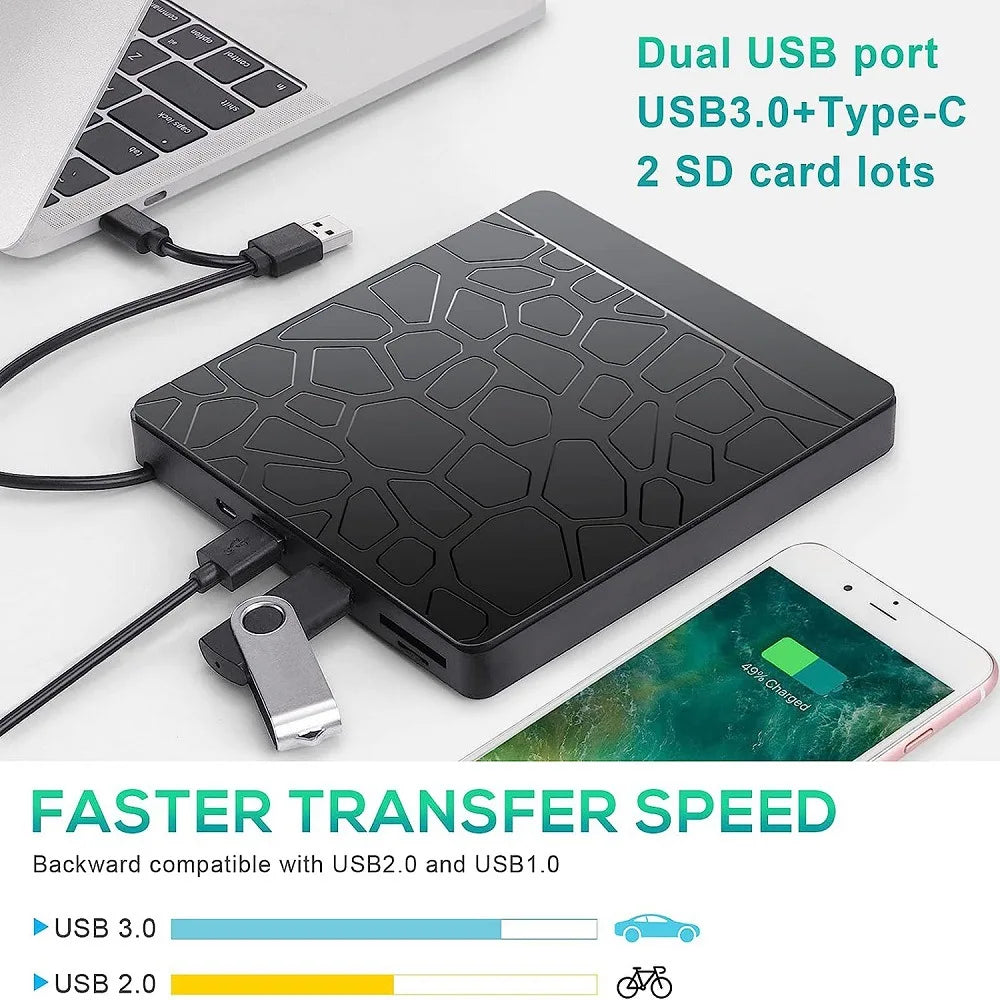 Unità ottica esterna per computer 2 in 1 HUB multifunzione Registratore DVD Masterizzatore CD-R Doppio disco USB Lettore di schede Micro SD TF