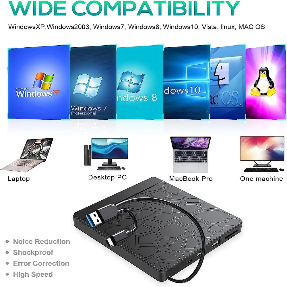 Unità ottica esterna per computer 2 in 1 HUB multifunzione Registratore DVD Masterizzatore CD-R Doppio disco USB Lettore di schede Micro SD TF