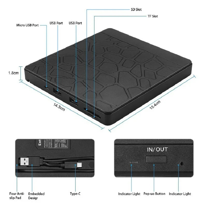 Unità ottica esterna per computer 2 in 1 HUB multifunzione Registratore DVD Masterizzatore CD-R Doppio disco USB Lettore di schede Micro SD TF