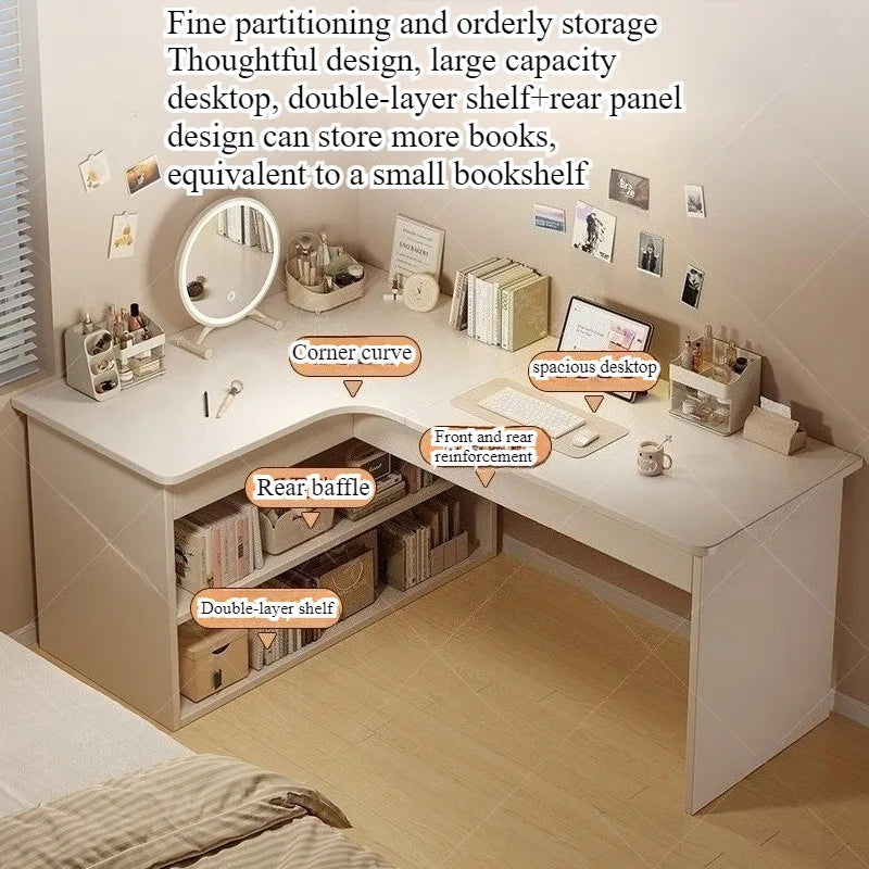 Scrivania per computer, scrivania da casa per camera da letto, libreria integrata, scrivania angolare multifunzionale per studenti che imparano a scrivere, scrivania da ufficio.