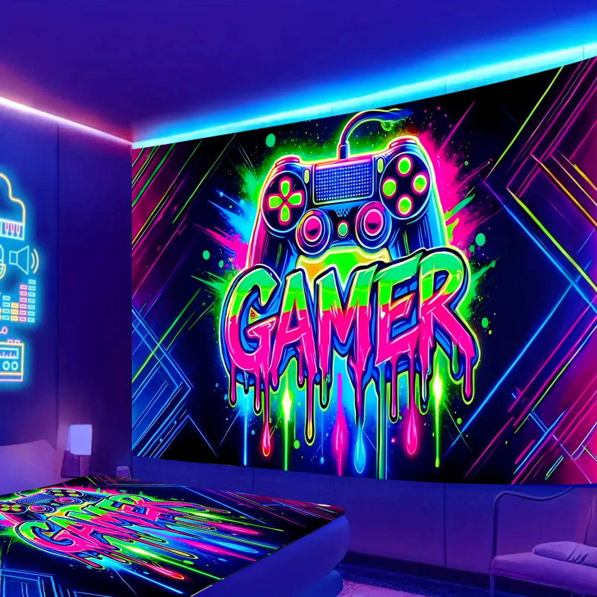 VIKAMA Gaming Neon Tapestry Maniglia Dazzle Gaming Camera da letto Sala giochi Decorazione Gioco Parete di sfondo dal vivo