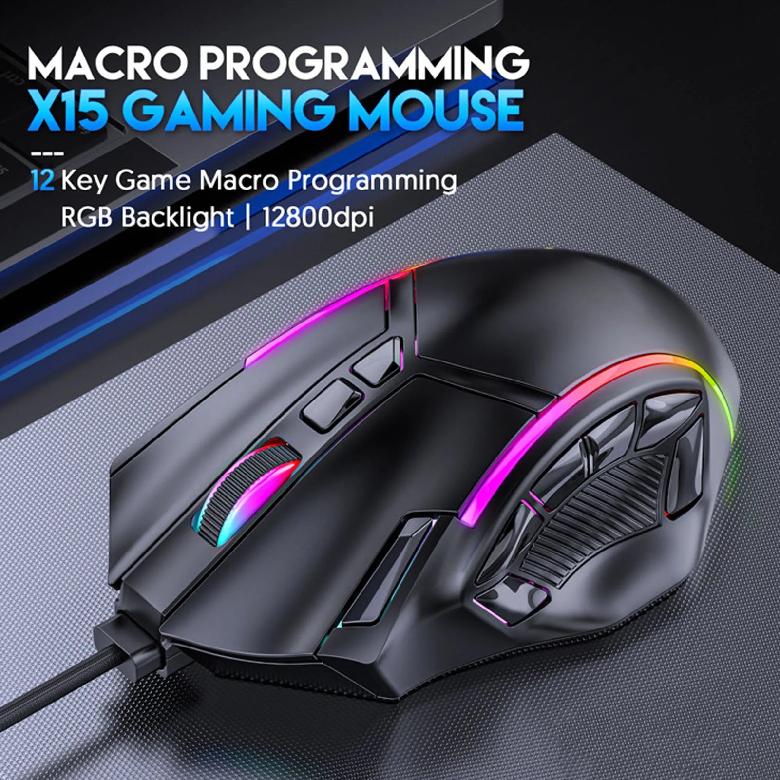 Mouse da gioco 12800 DPI Mouse da gioco RGB Mouse da gioco RGB cablato 12800 DPI 12 tasti Definizione macro Accessori di ricambio per computer