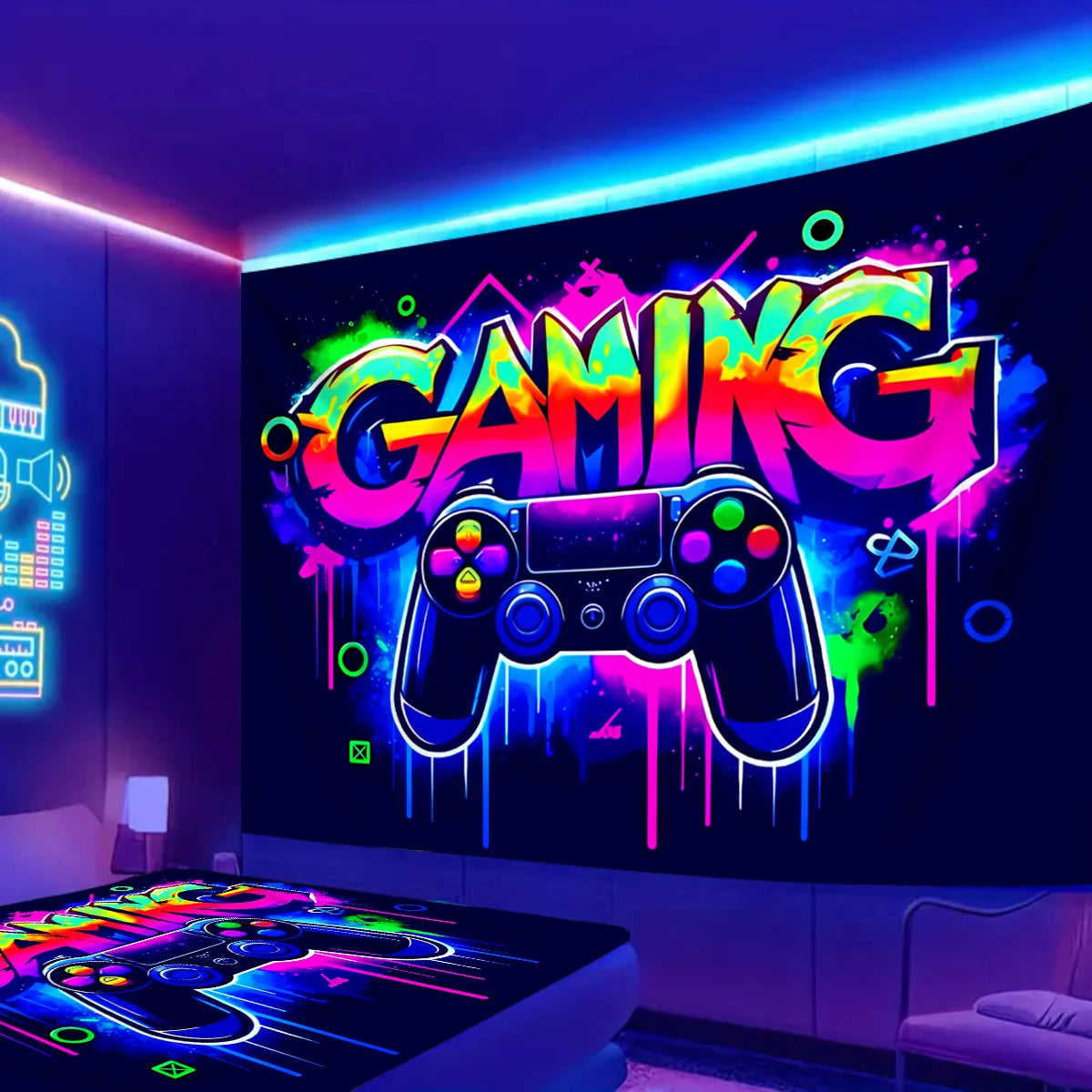VIKAMA Gaming Neon Tapestry Maniglia Dazzle Gaming Camera da letto Sala giochi Decorazione Gioco Parete di sfondo dal vivo