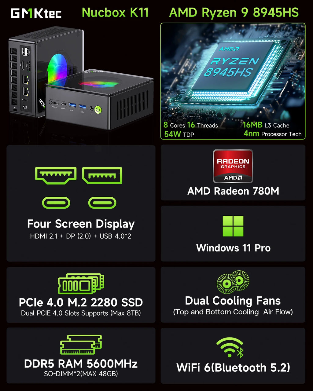GMKtec Mini PC K11 AMD R9 8945HS Mini PC da gioco 32 GB DDR5 1 TB SSD Computer PC Mini computer PC Win11 Pro PC da gioco